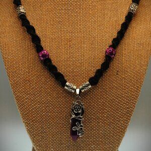 Amethyst Colored Rose Wrapped Hex Shaped Artisan 17" Black Hemp Necklace